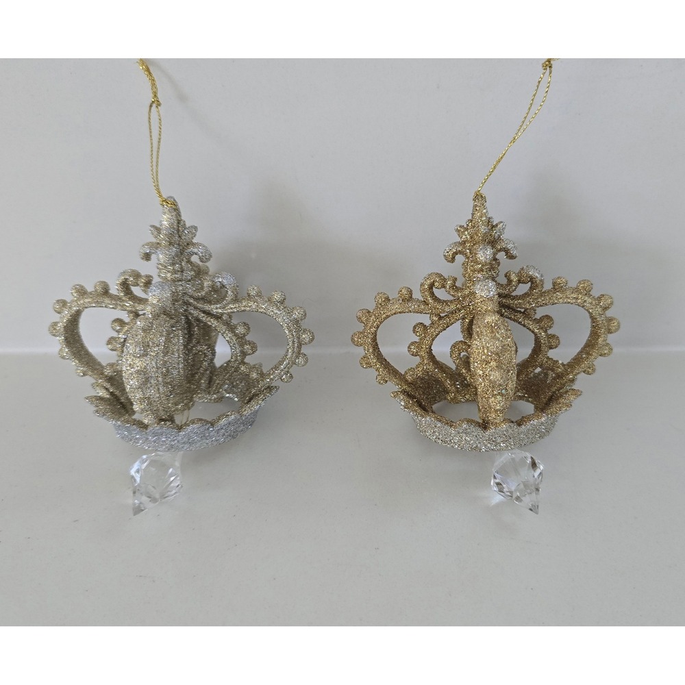 New Kurt Adler Gold Silver Glitter Crown Christmas Ornaments Crystals Set of 2